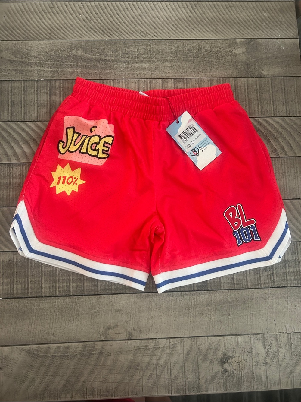 Kids Red Athletic Shorts with 'Juice' Graphic and BL101 Patch